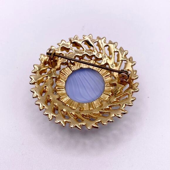 Vintage Vintage Blue Marbled Domed Art Glass & Blue Rhinestones Pin Brooch 2” - Picture 4 of 6